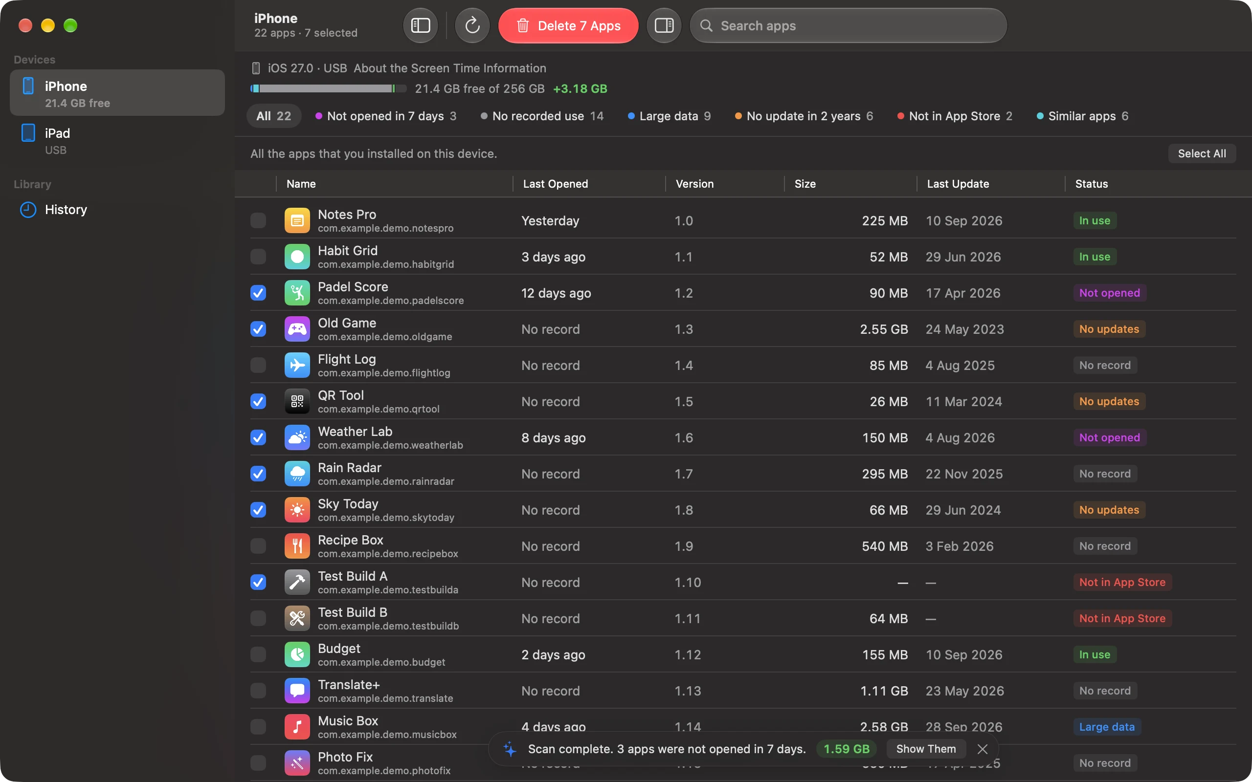 iUninstall shows the last opened date and a status such as Not opened or In use for each app.