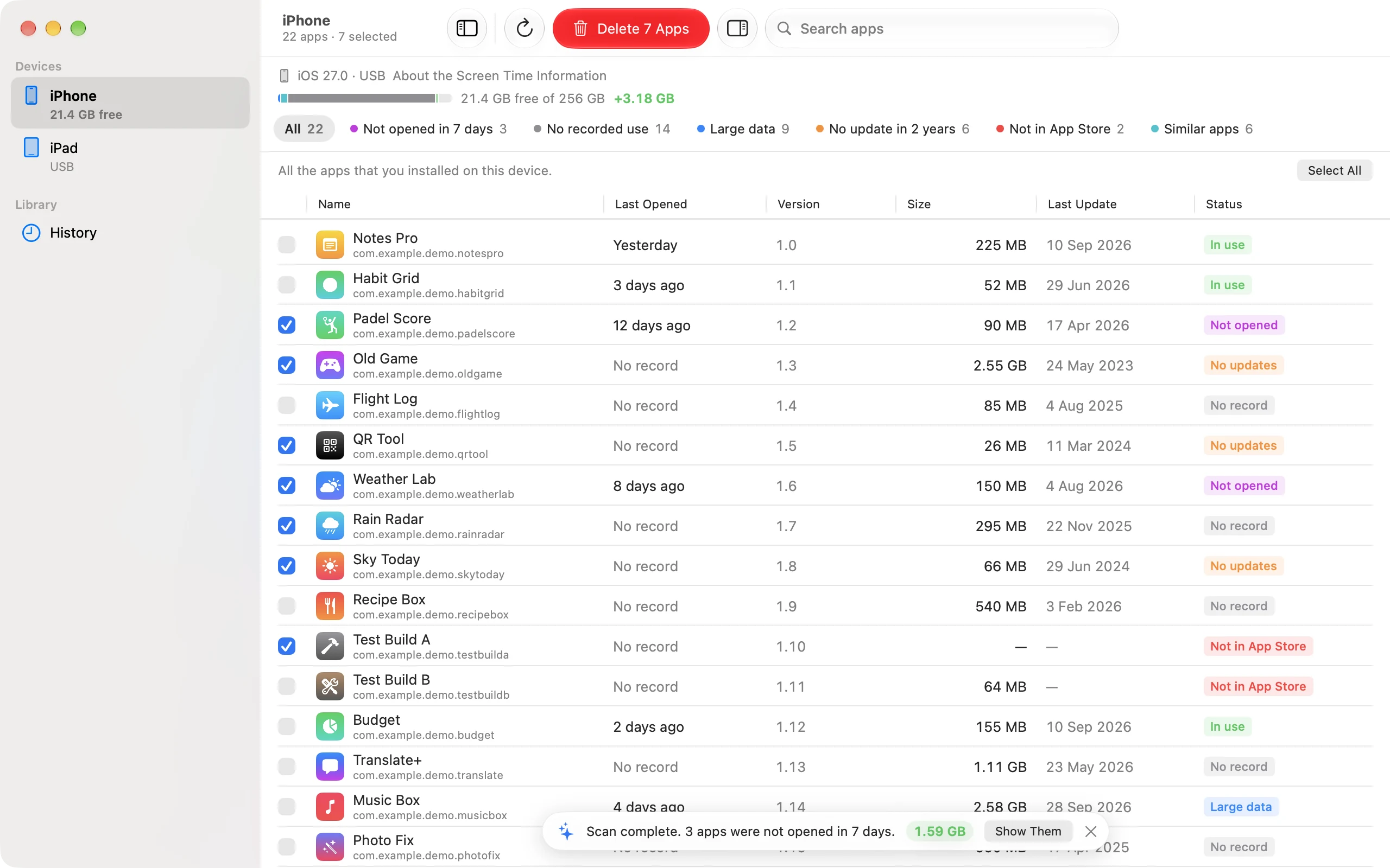 The iUninstall app list with selected apps and the Delete 7 Apps button.