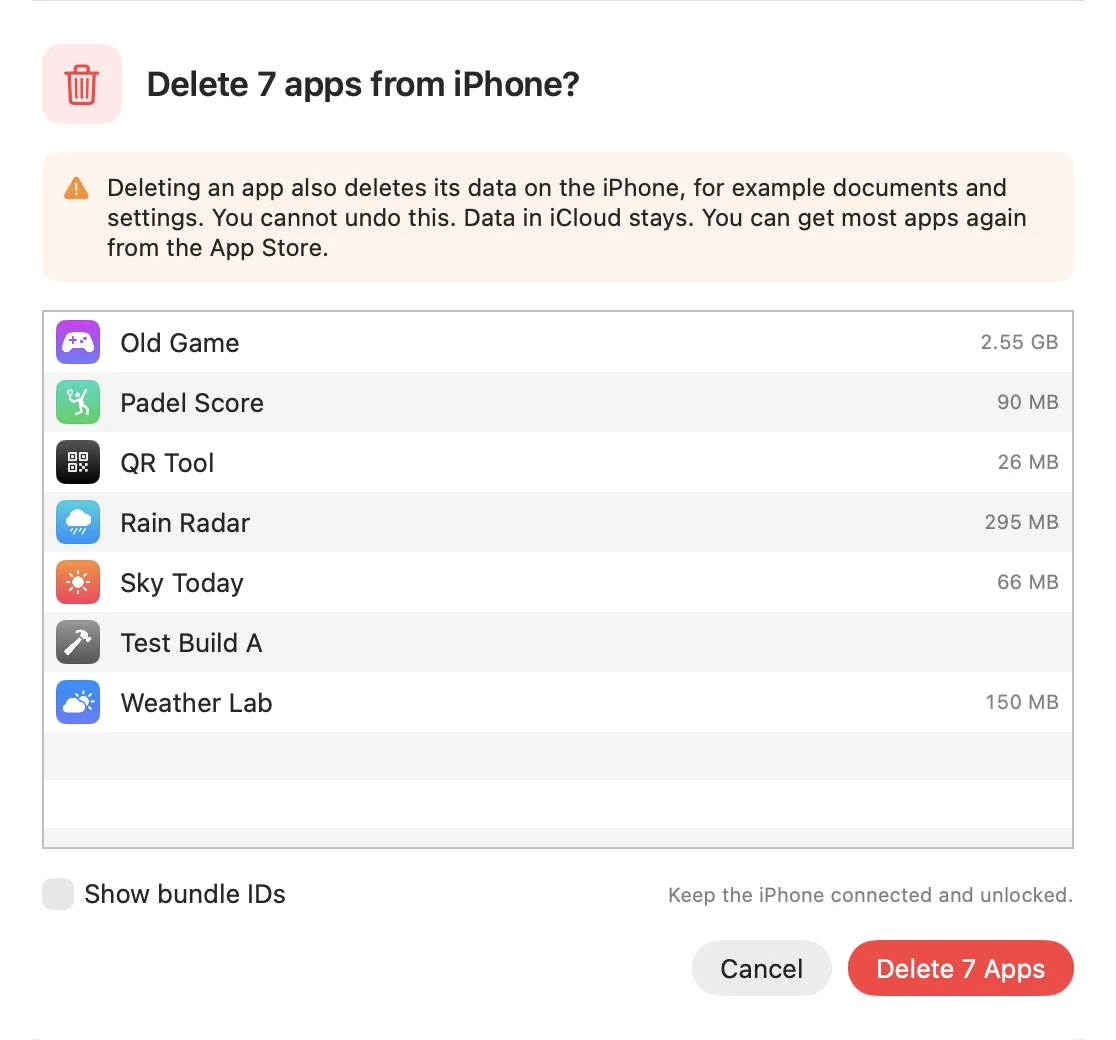The confirmation sheet with the list of 7 apps to delete.