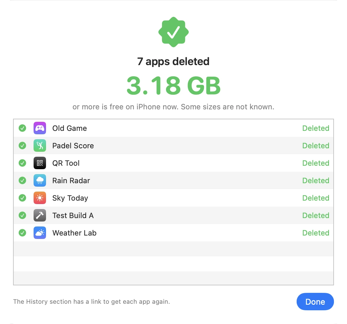The result: 7 apps deleted, 3.18 GB of apps.