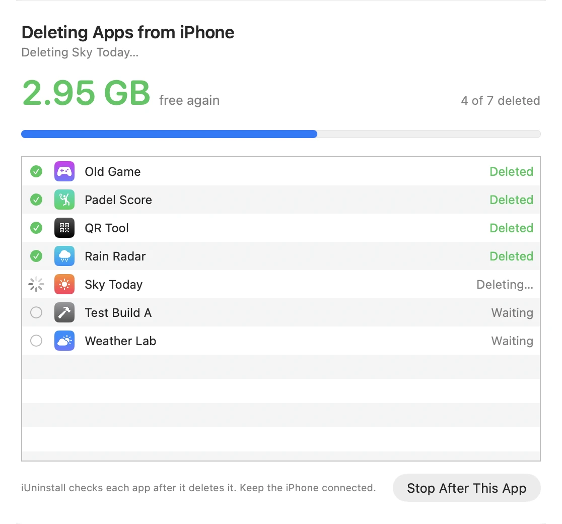 iUninstall deletes apps one at a time: 4 of 7 deleted.